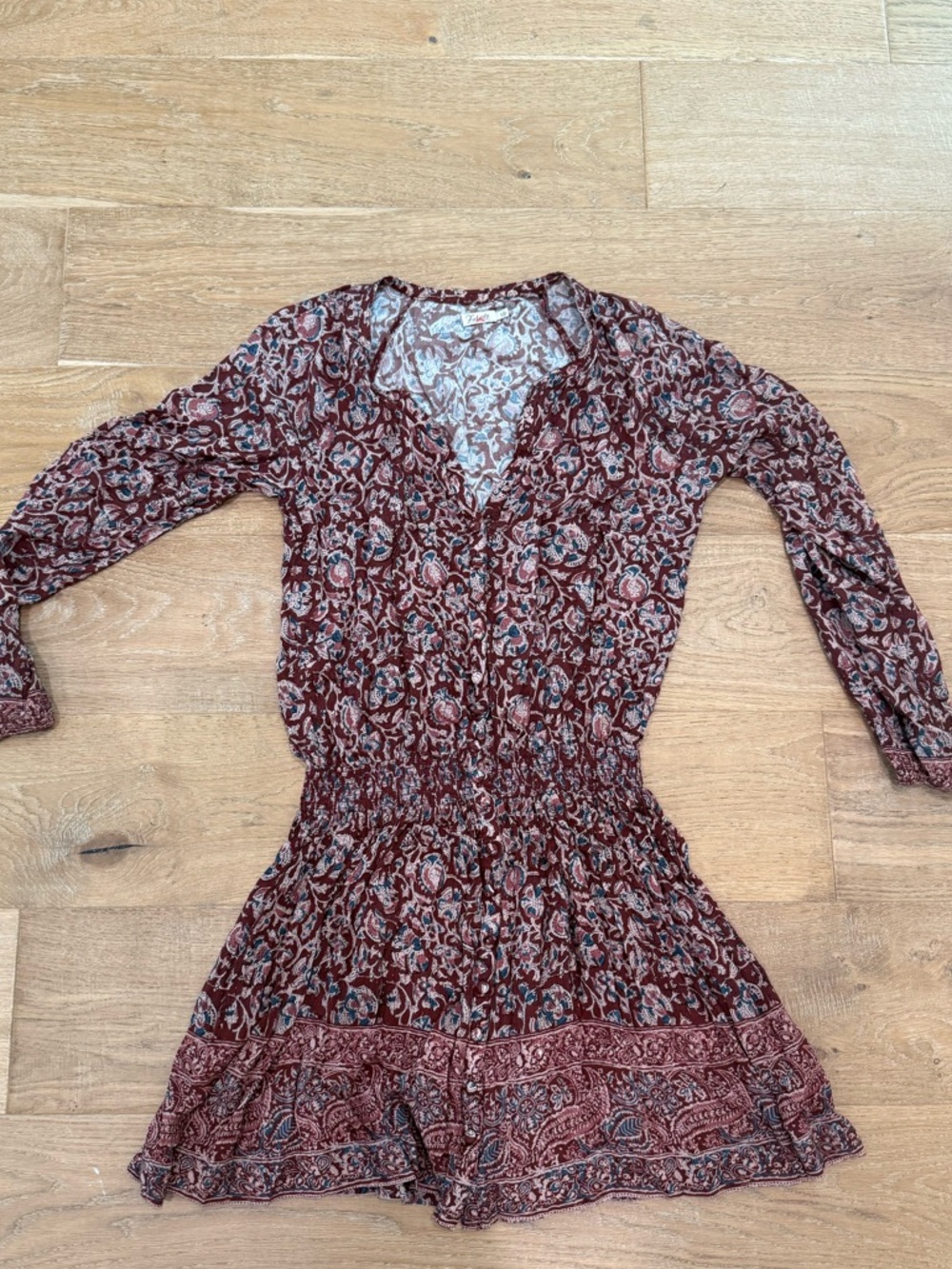 Faherty Burgundy Floral Long-Sleeve Smocked Dress Size Small